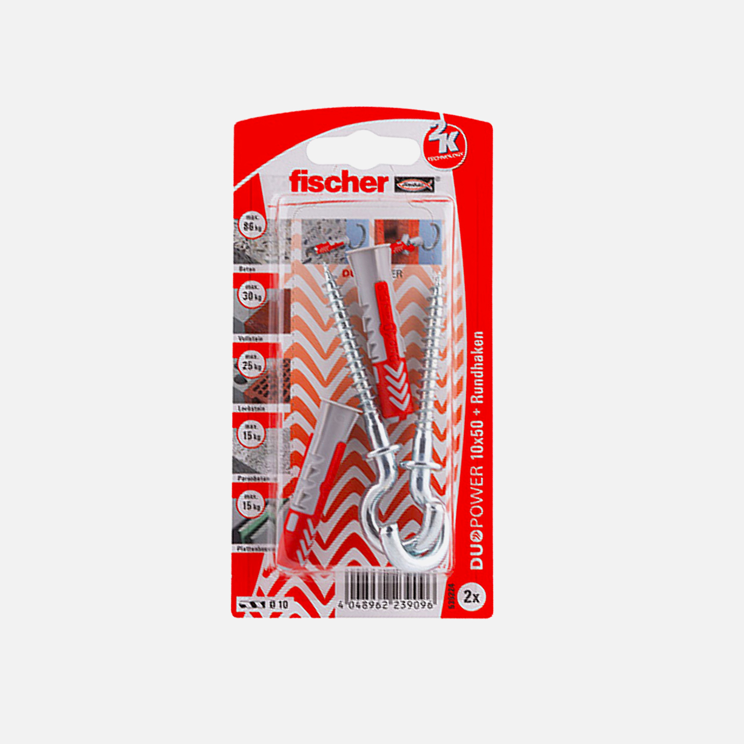 2 FISCHER DUOPOWER Nylon-Dübel - 10x50 mm - mit Rundhaken 7x88 mm