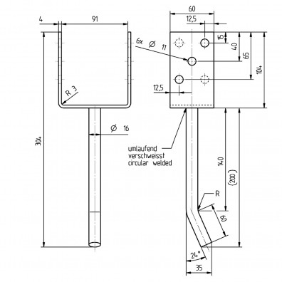 1 Alberts U-Pfostenträger Edelstahl mit 200mm gebogener Dolle für 90 mm