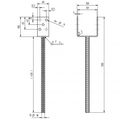 1 Alberts U-Pfostenträger feuerverzinkt mit 400mm Riffeldolle für 100 mm