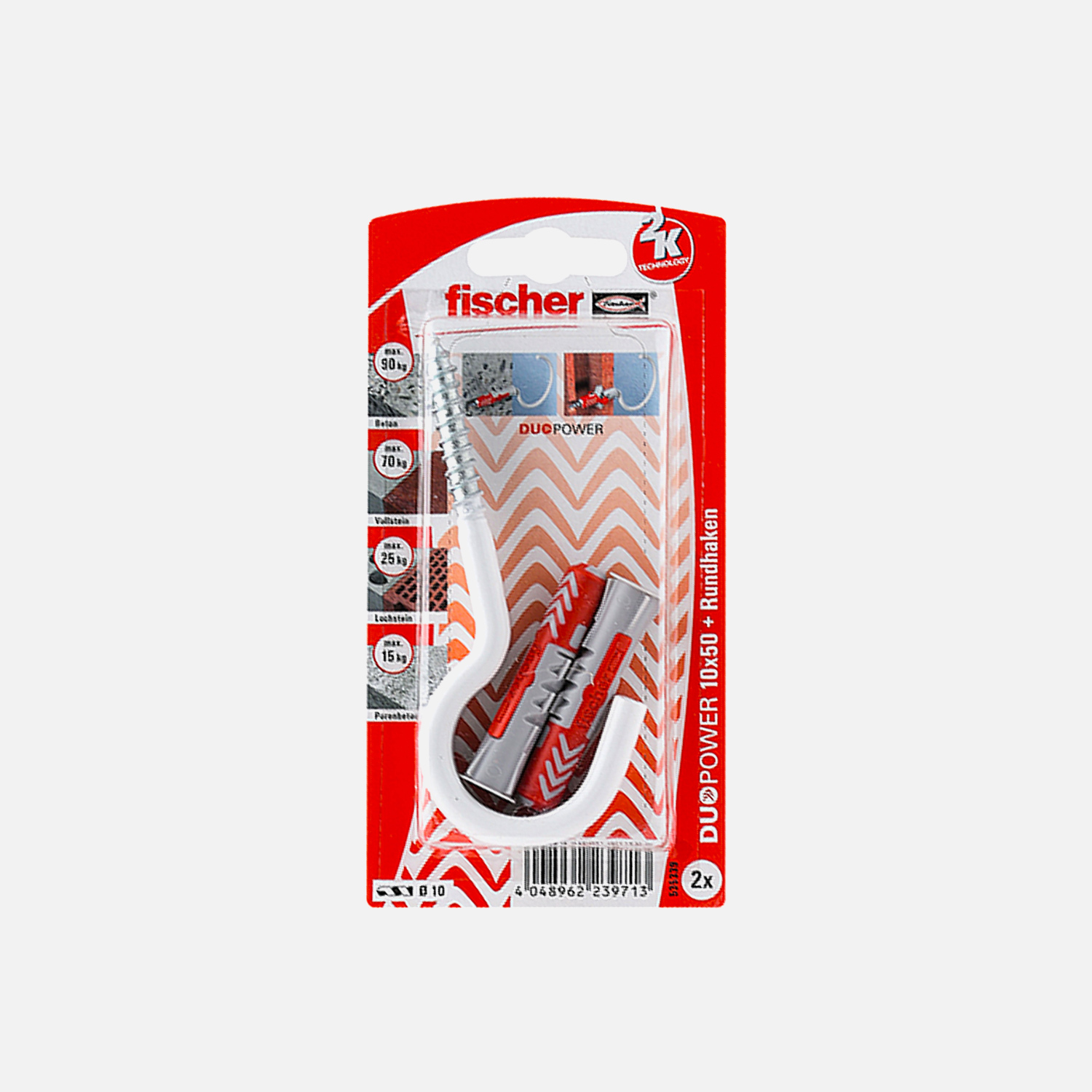 2 FISCHER DUOPOWER Nylon-Dübel - 10x50 mm - mit Rundhaken, nylonbeschichtet