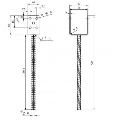 1 U-Pfostenträger feuerverzinkt mit 400mm Riffeldolle für 90 mm